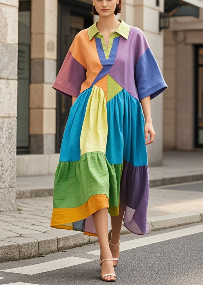 Multicolor Oversized Patchwork Cotton Holiday Dress Summer