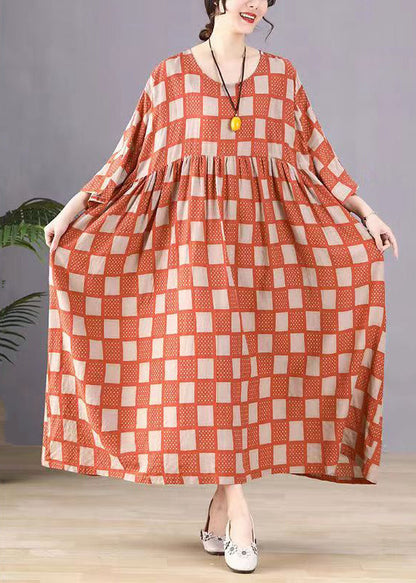 Style Orange O-neck Plaid Print Wrinkled Maxi Dresses Bracelet Sleeve