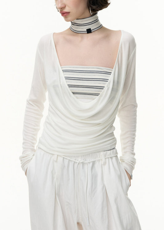 White Striped Slim Fit Cotton Two Pieces Set V Neck