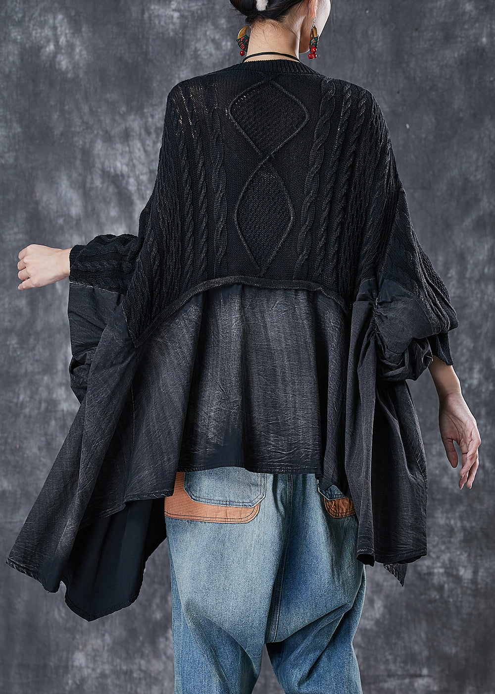 Black Asymmetrical Oversized Patchwork Knit Tops Spring