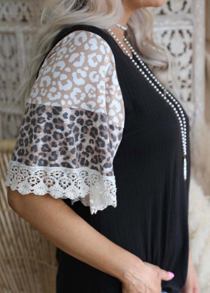 Pink O-neck Lace Patchwork Leopard Print Tank Top Short Sleeve