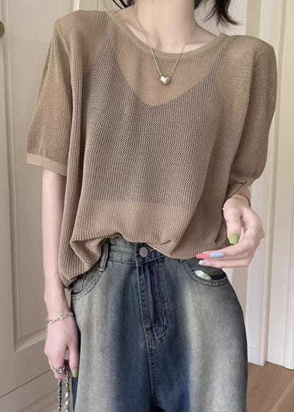 Khaki O Neck Hollow Out Knit T Shirt Summer