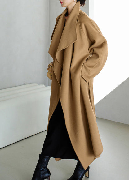 Camel Colour Peter Pan Collar Pockets Woolen Coat Long Sleeve