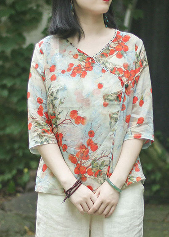 Slim Fit Light Green Button V Neck Linen Tops Three Quarter Sleeve