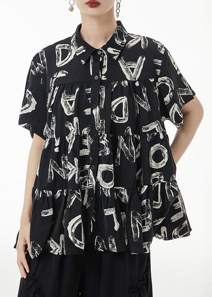 Black Print Wrinkled Patchwork Silk Shirt Short Sleeve