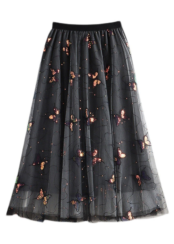 Black Embroideried Sequins Layered Tulle a Line Skirt Summer