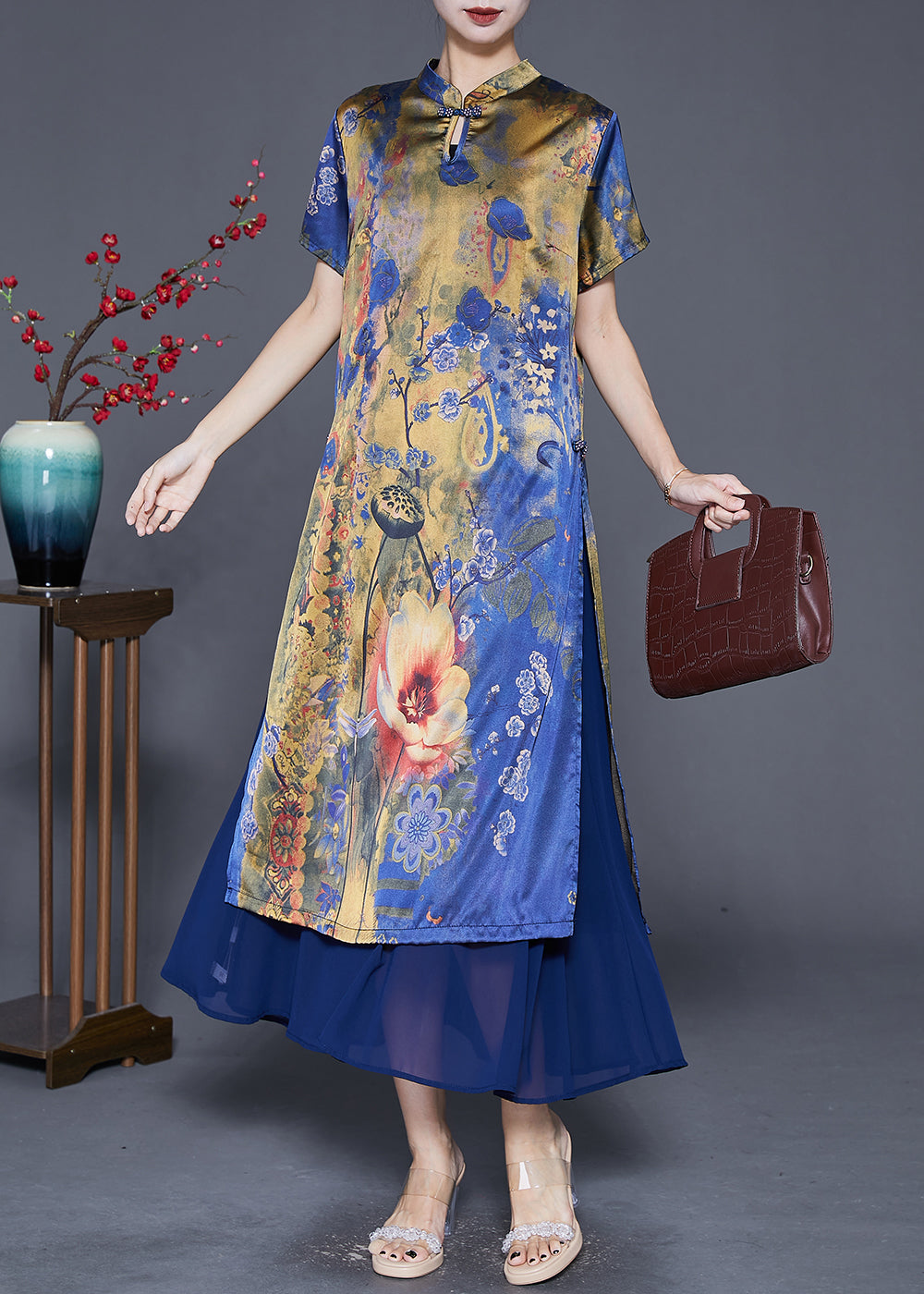 Blue Print Patchwork Silk Maxi Dresses Summer