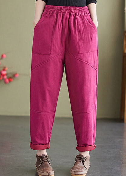 New Retro Rose Pockets Elastic Waist Fine Cotton Filled Pants Winter