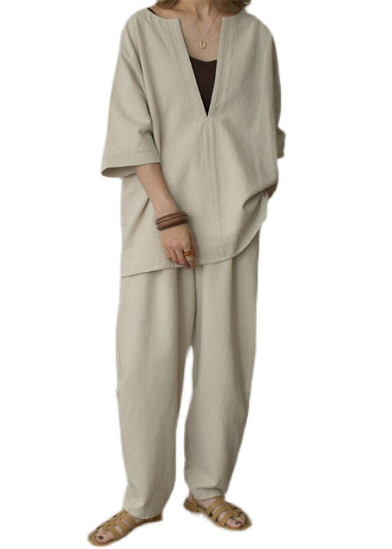 Apricot V Neck Tops and Pants Cotton Two Pieces Set Summer