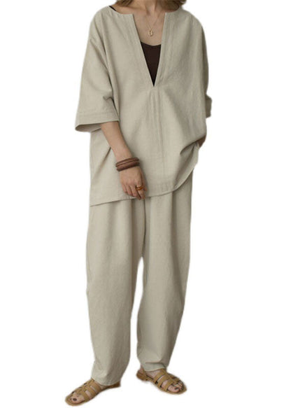 Apricot V Neck Tops and Pants Cotton Two Pieces Set Summer