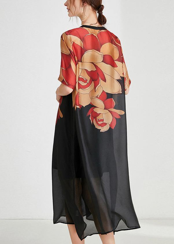 Simple Black Print Chiffon Short Sleeve Summer Dresses