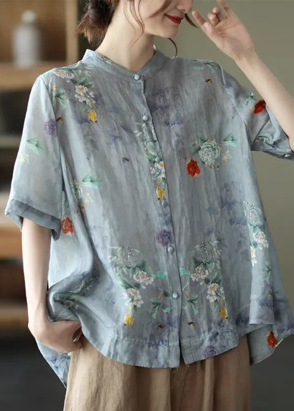 Yellow Flower Print Cotton Shirts Low High Design Short Sleeve