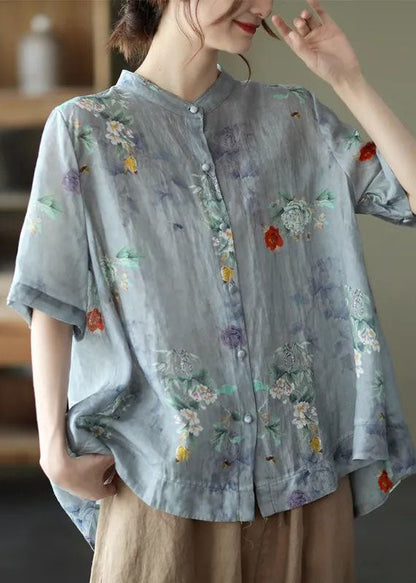 Yellow Flower Print Cotton Shirts Low High Design Short Sleeve