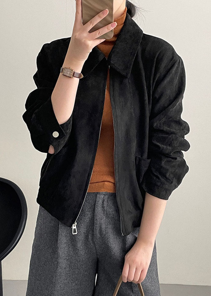 Chocolate Zip Up Pockets Patchwork Faux Suede Coat Long Sleeve