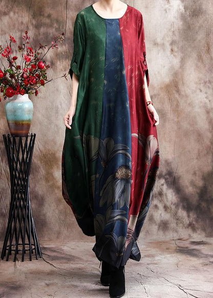 Simple Print O Neck Satin Dress Loose Spring Dresses