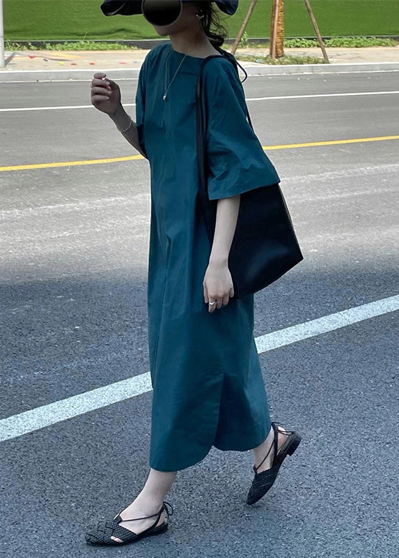 Blue O Neck High Waist Cotton Long Dress Half Sleeve