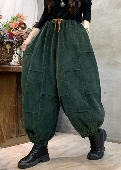 Blackish Green Elastic Waist Tie Waist Corduroy Lantern Pants Spring