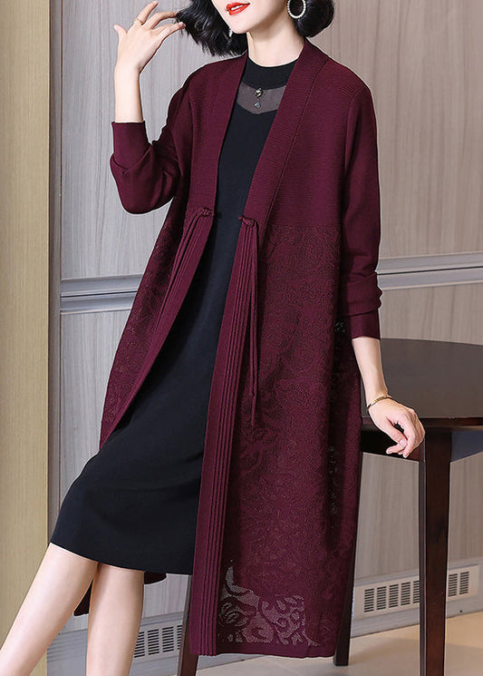 Wine Red Button Hollow Out Cotton Knit Long Cardigan Spring