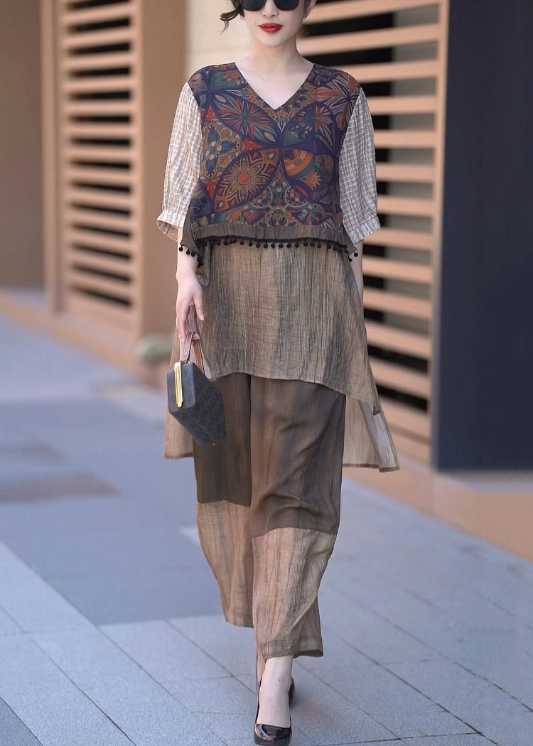Coffee V Neck Low High Design Patchwork Silk Two Piece Set Half Sleeve