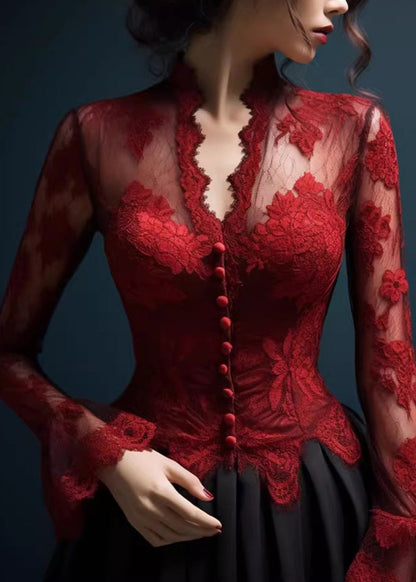 Original Design Red V Neck Slim Fit Lace Top Fall