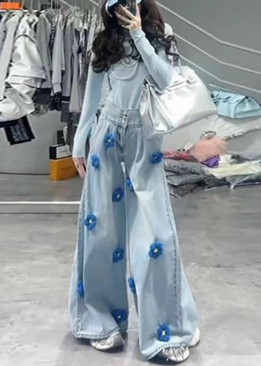 Fitted Light Blue Oversized Denim Wide Leg Pants Fall