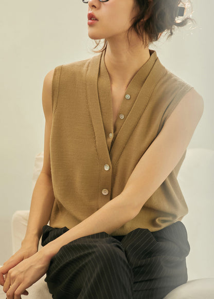 Art Khaki V Neck Thin Knit Woolen Top Summer