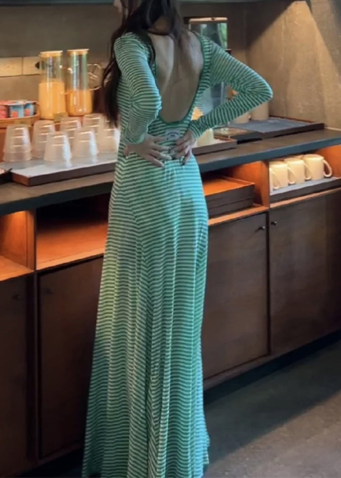 Green Striped Backless Cotton T Shirt Dress Long Sleeve
