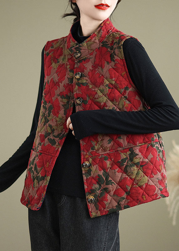 Red Print Pockets Fine Cotton Filled Vest Sleeveless