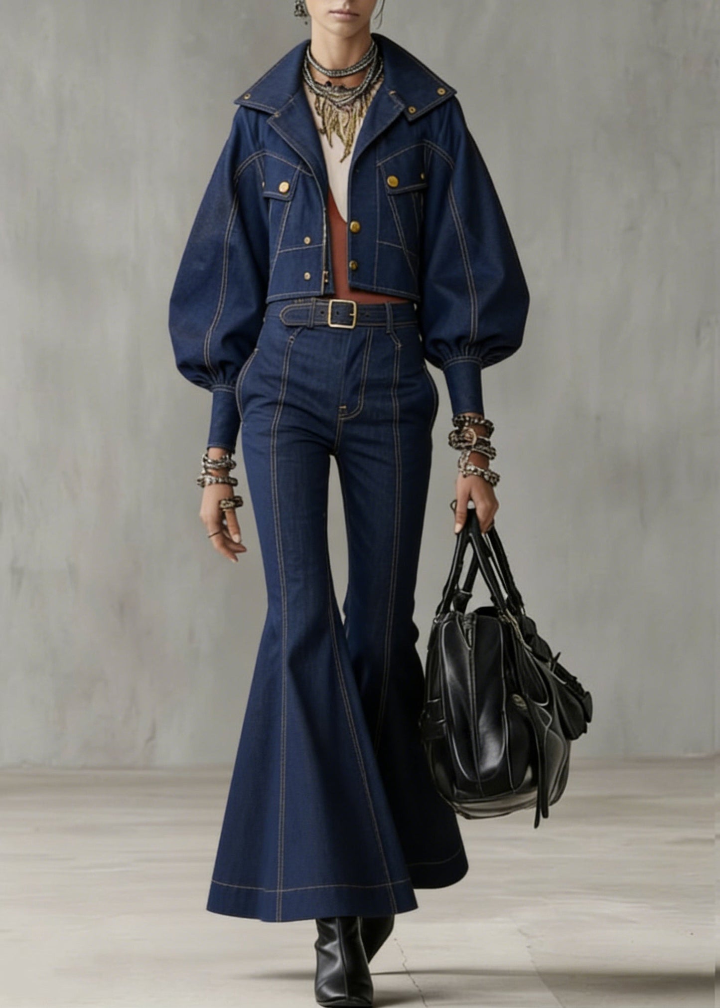 Novelty Denim Blue Patchwork Coat and Flared Trousers Two Pieces Set Flare Sleeve