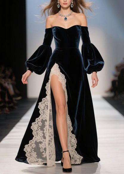 Cold Shoulder Lace Patchwork Velvet Dresses Fall