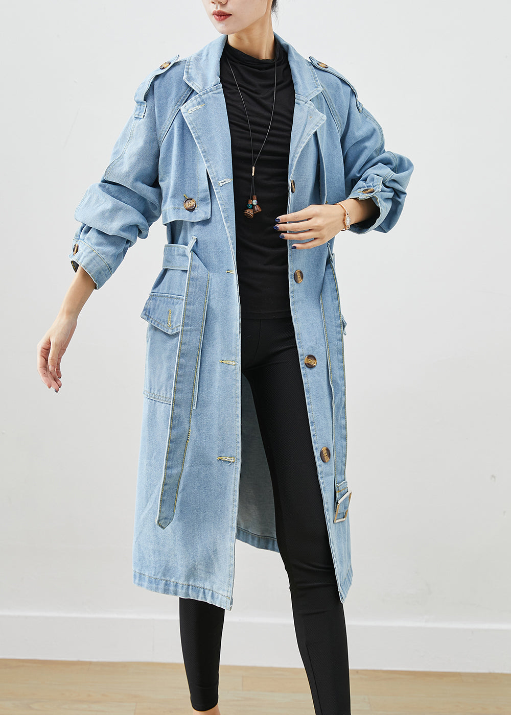 Italian Light Blue Notched Tie Waist Denim Trench Coat Spring