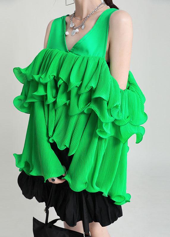 Green Asymmetrical Design Ruffled Cold Shoulder Chiffon Top Long Sleeve