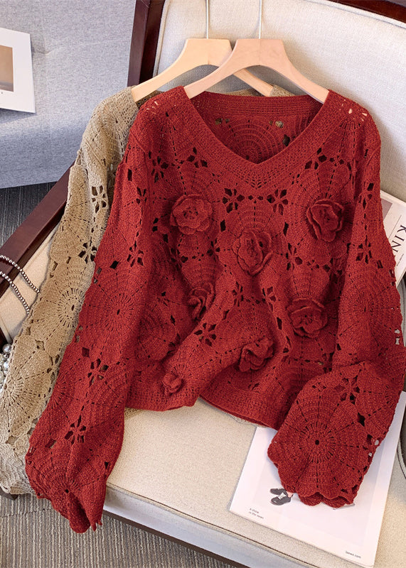 Stylish Khaki Oversized Hollow Out Knit Sweaters Fall