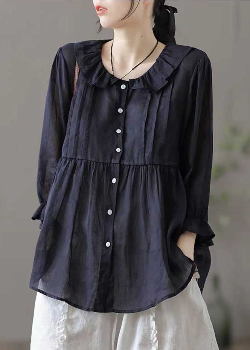 Champagne Color Peter Pan Collar Button Cotton Shirt Fall