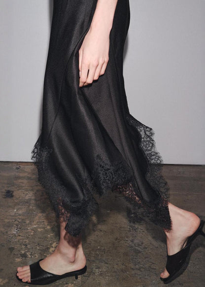 Black Asymmetrical Lace Patchwork Silk Dresses Sleeveless Summer