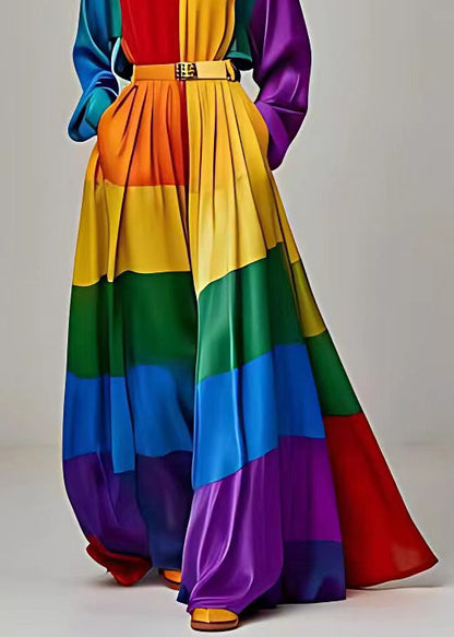 Colorblock Asymmetrical Pockets Patchwork Silk Ankle Dress Long Sleeve