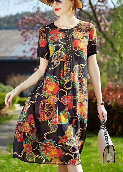 Black O-neck Print Wrinkled Silk Mid Dresses Short Sleeve