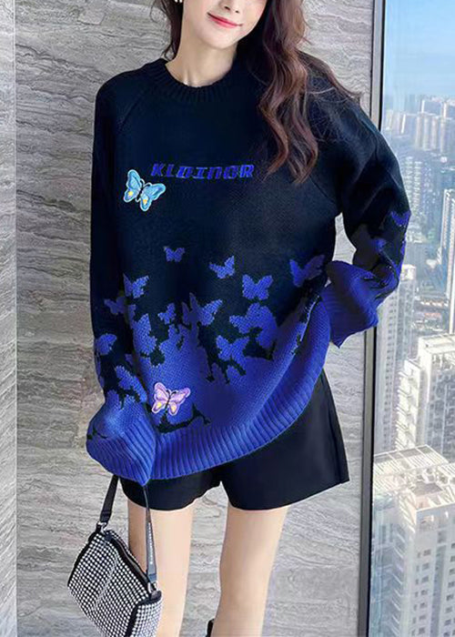 Sky Blue Embroidered Patchwork Cotton Knit Sweaters Long Sleeve