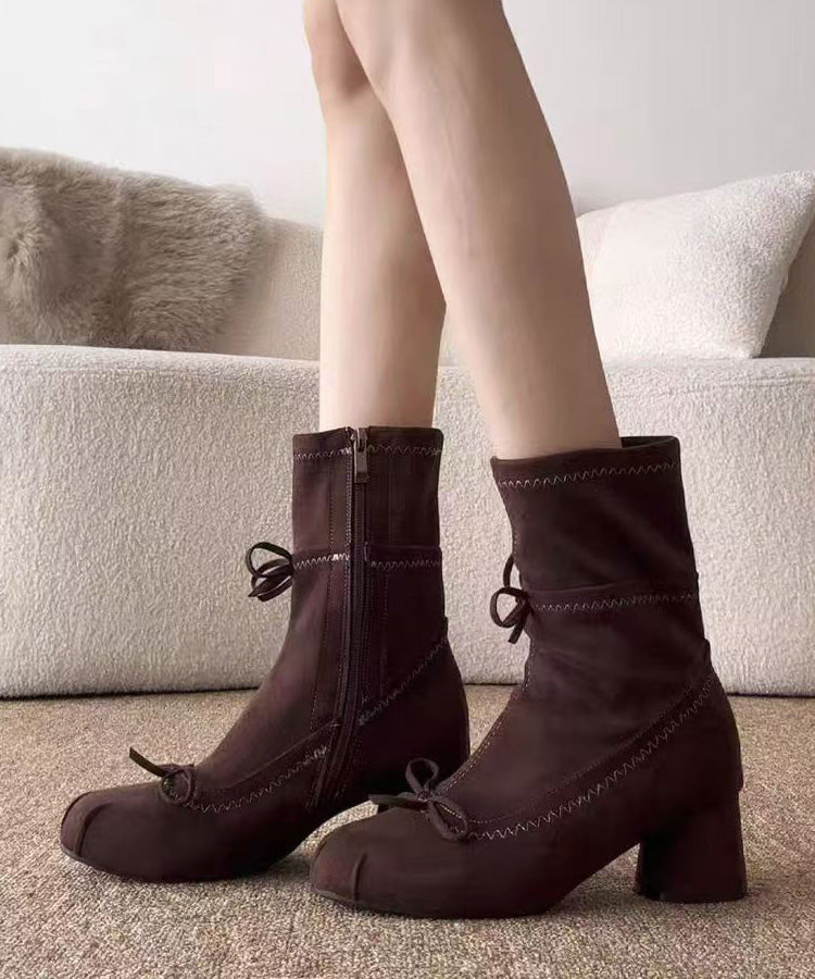Brown Suede Bow Splicing Boots