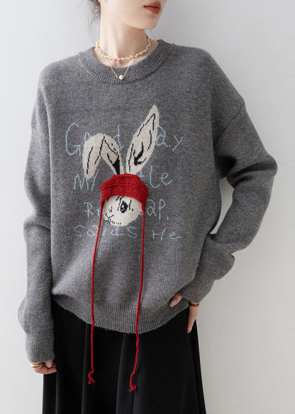 Grey Oversized Rabbit Jacquard Knit Pullover Winter