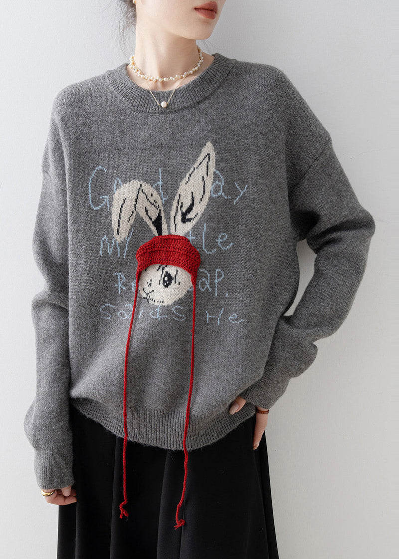 Grey Oversized Rabbit Jacquard Knit Pullover Winter