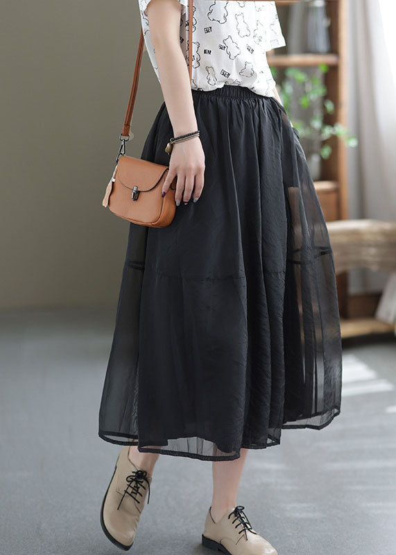 Classy Coffee Elastic Waist Patchwork Organza a Line Skirt Summer