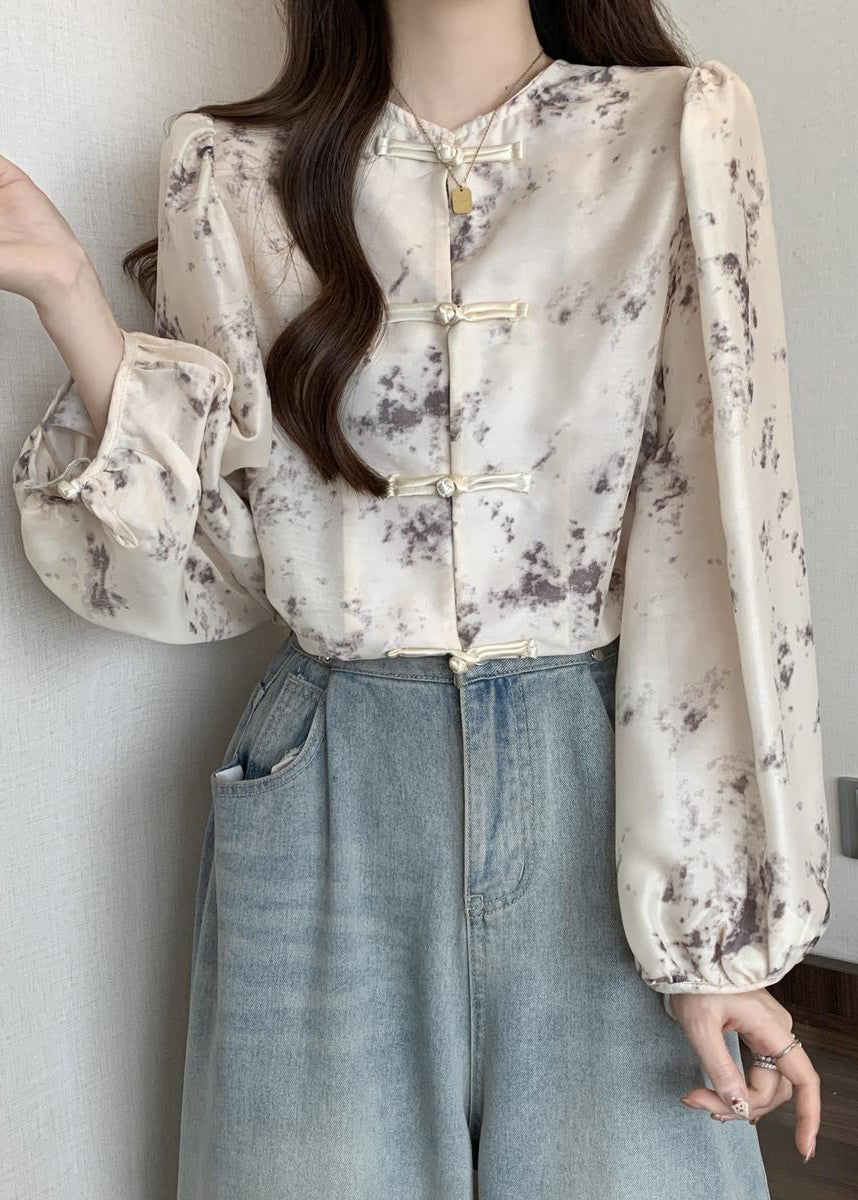 Apricot Chinese Button Tie Dye Silk Blouse Top Fall