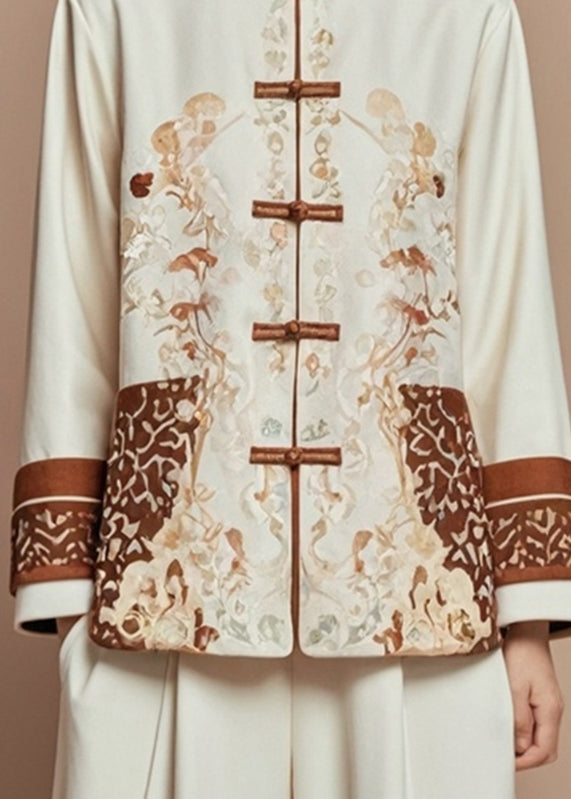 Beige Print Stand Collar Fall Coats
