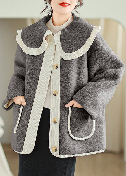 Grey Peter Pan Collar Pockets Teddy Faux Fur Coat Winter