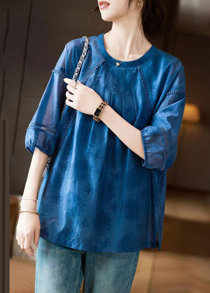 Handmade Blue O-neck Butterfly Print Top Bracelet Sleeve