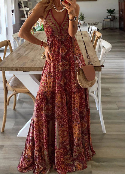 Green V Neck Print Holiday Long Spaghetti Strap Dress Sleeveless