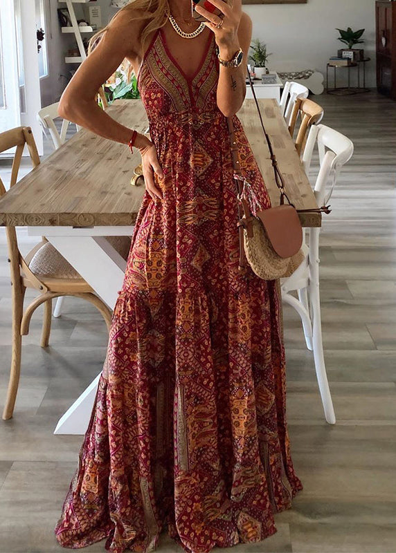 Green V Neck Print Holiday Long Spaghetti Strap Dress Sleeveless