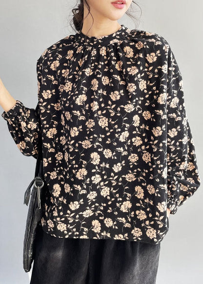 Boutique Black Stand Collar Print Thick Cotton Top Fall