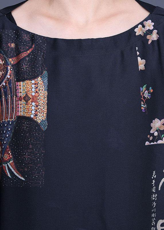 French Black Print Side Open Silk Long Dress Summer